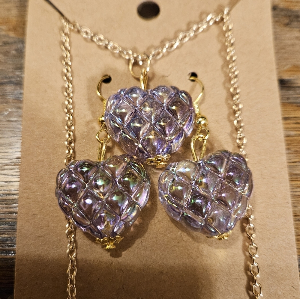 Clear/Purple'ish Heart Gold Tone Necklace And Earring Set - Picture 11 of 13